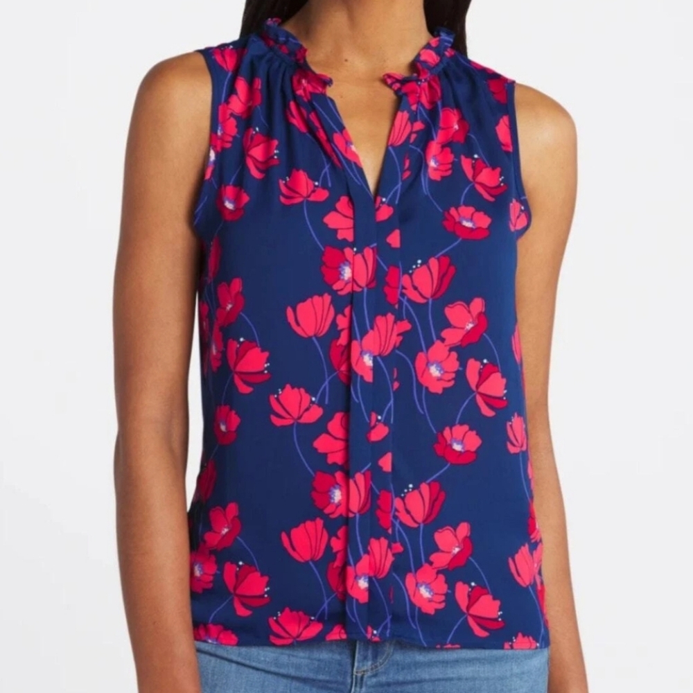Market & Spruce Sleeveless Blouse Floral Ruffle Neck Top Medium Vneck Pleated